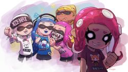 Rule 34 | 10s, 2boys, 3girls, aggressive retsuko, bandana, bandana over mouth, beanie, blonde hair, blue hair, cinnamoroll, clenched hand, closed eyes, fangs, grey shirt, hat, headphones, heart, hello kitty, hello kitty (character), inkling, inkling boy, inkling girl, inkling player character, multiple boys, multiple girls, my melody, nintendo, no pupils, octoling, octoling girl, octoling player character, onegai my melody, pink hair, pink shirt, red hair, retsuko, sanrio, shirt, short hair, shorts, splatoon (series), splatoon 2, stup-jam, tentacle hair, white hair, white shirt