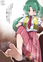 Rule 34 | 1girl, barefoot, blush, clothed female nude male, cum, cum on clothes, erection, feet, green eyes, green hair, hands on own hips, higurashi no naku koro ni, long hair, nude, ponytail, smell, smelling, soles, sonozaki mion, steam, sweat, toes, translated