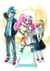 Rule 34 | 1boy, 2girls, blue eyes, blue hair, boots, forehead protector, game console, green eyes, highres, kei (keigarou), knee boots, long skirt, loose necktie, magical girl, multiple girls, necktie, personification, pink hair, school uniform, sega, sega dreamcast, sega dreamcast (sega hard girls), sega hard girls, skirt, sword, thighhighs, twintails, v arms, weapon
