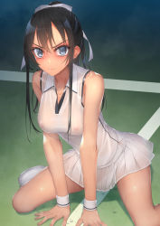 Rule 34 | 1girl, bare shoulders, black hair, blue eyes, blush, breasts, embarrassed, feet, female focus, from above, hair between eyes, high ponytail, highres, isshiki ichika, large breasts, legs, legs apart, long hair, looking at viewer, maketara omae, hitoban ore no omocha na, murakami suigun, nipples, no bra, one side up, original, parted lips, see-through, shoes, sitting, skirt, sleeveless, sneakers, solo, steaming body, sweat, tears, tennis court, thighs, v-shaped eyebrows, wariza, wet, wet clothes
