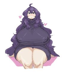 Rule 34 | 1girl, ahoge, alternate breast size, breasts, creatures (company), curvy, dress, game freak, gigantic breasts, hex maniac (pokemon), highres, huge breasts, leebo (leeboxxx), long hair, looking at viewer, nintendo, plump, pokemon, pokemon xy, purple dress, purple hair, simple background, solo, white background, wide hips