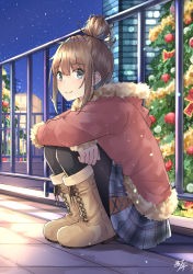 Rule 34 | 1girl, black pantyhose, blue eyes, blue skirt, blush, boots, brown footwear, brown hair, brown jacket, building, christmas, christmas ornaments, christmas tree, closed mouth, commentary request, cross-laced footwear, fur-trimmed hood, fur-trimmed jacket, fur trim, hair bun, highres, hood, hood down, hooded jacket, jacket, lace-up boots, long sleeves, looking away, miko fly, night, night sky, original, outdoors, pantyhose, plaid, plaid skirt, pleated skirt, railing, sidelocks, single hair bun, skirt, sky, sleeves past wrists, smile, solo, squatting, star (sky), starry sky
