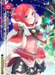 Rule 34 | 1girl, belt, capelet, card (medium), character name, christmas lights, christmas ornaments, closed mouth, fur trim, haru (haru2079), highres, hood, looking at viewer, love live!, love live! school idol festival, love live! school idol project, miniskirt, nishikino maki, parody, pleated skirt, pom pom (clothes), red eyes, red hair, short hair, skirt, smile, solo