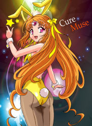 Rule 34 | 10s, 1girl, animal ears, ass, back-seamed legwear, bow, character name, cure muse, cure muse (yellow), fake animal ears, from behind, leotard, long hair, looking back, orange hair, pantyhose, playboy bunny, precure, rabbit ears, rabbit tail, ranpu, seamed legwear, shirabe ako, solo, suite precure, tail, very long hair, yellow bow