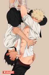 Rule 34 | 2boys, arms up, artist name, ass grab, bakugou katsuki, black hair, black pants, blonde hair, blush, boku no hero academia, bound, clothes pull, commentary, fellatio, hanging, highres, looking at another, male focus, male pubic hair, multiple boys, navel, nipples, one eye closed, open clothes, open shirt, oral, pants, pants pull, patreon username, penis, pubic hair, riffraffhellyea, saliva, sero hanta, shirt, short hair, simple background, symbol-only commentary, toned, toned male, uncensored, underwear, upside-down, white shirt, yaoi