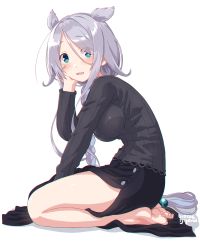 Rule 34 | 1girl, barefoot, black skirt, black sweater, blue eyes, blush, braid, dated, dd (ijigendd), highres, kantai collection, long hair, long sleeves, mole, mole under eye, official alternate costume, open mouth, pencil skirt, ribbed sweater, signature, silver hair, simple background, single braid, skirt, smile, solo, sweater, toes, twitter username, umikaze (kancolle), umikaze kai ni (kancolle), white background