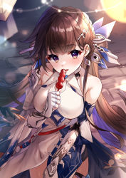 Rule 34 | 1girl, absurdres, bare shoulders, blush, breasts, brown hair, candy, commentary request, detached sleeves, dress, fingerless gloves, food, gloves, guzangnanfeng, hair ornament, hairclip, highres, holding, holding candy, holding food, honkai (series), honkai impact 3rd, li sushang, li sushang (jade knight), long hair, looking at viewer, medium breasts, outdoors, purple eyes, smile, solo, very long hair, white dress, white gloves