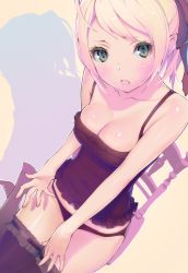 Rule 34 | 1girl, bare shoulders, black camisole, black panties, black thighhighs, blonde hair, blush, breasts, camisole, chair, cleavage, collarbone, commentary request, frilled thighhighs, frills, gradient background, green eyes, hair ribbon, highres, looking at viewer, medium breasts, open mouth, panties, ponytail, ribbon, shadow, sitting, solo, taiyou no orgel, thighhighs, tinkle bell, underwear