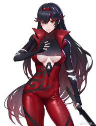 Rule 34 | 1girl, black hair, bodysuit, breasts, closed mouth, contrapposto, cowboy shot, diaodiao, fingerless gloves, gloves, headpiece, highres, large breasts, long hair, looking at viewer, lucia: lotus (daybreak) (punishing: gray raven), lucia (punishing: gray raven), mole, mole under eye, multicolored hair, punishing: gray raven, red eyes, red hair, simple background, solo, streaked hair, sword, underboob, very long hair, weapon, weibo watermark, white background