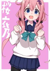 Rule 34 | 1girl, aki inu, black pantyhose, blue eyes, blue sailor collar, blue skirt, blush, character name, clenched hands, hair between eyes, hair ornament, long hair, long sleeves, looking at viewer, low twintails, ochikobore fruit tart, open mouth, pantyhose, pink hair, pleated skirt, sailor collar, sakura ino, saliva, school uniform, serafuku, skirt, solo, twintails, two-tone background