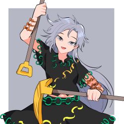 Rule 34 | 1girl, ahoge, arm ribbon, black shirt, blue eyes, blush, bow, cropped legs, green skirt, grey background, grey eyes, hand on own face, highres, himemushi momoyo, holding, holding pickaxe, holding shovel, leg ribbon, long hair, looking at viewer, midriff, mindoll, open mouth, orange bow, orange ribbon, pickaxe, ribbon, shirt, shovel, silver hair, skirt, smile, solo, symbol-only commentary, touhou, very long hair