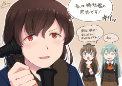 Rule 34 | 3girls, aqua hair, ascot, blue coat, braid, brown background, brown hair, brown jacket, brown skirt, coat, commentary request, commission, corded phone, cowboy shot, dated, grey eyes, hair ornament, hairclip, jacket, kantai collection, kumano (kancolle), long hair, multiple girls, nao (nao eg), o o, orange ascot, orange eyes, phone, pleated skirt, ponytail, school uniform, signature, simple background, single braid, skeb commission, skirt, souya (kancolle), surprised, suzuya (kancolle), talking on phone, translation request, upper body
