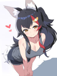 Rule 34 | 1girl, animal ear fluff, animal ears, bare shoulders, black hair, black shorts, blush, breasts, cleavage, closed mouth, flipped hair, grey tank top, hair between eyes, hair ornament, hairclip, heart, highres, hiroikara (smhong04), hololive, long hair, looking at viewer, medium breasts, multicolored hair, ookami mio, ponytail, red hair, shorts, simple background, smile, solo, streaked hair, tail, tank top, very long hair, virtual youtuber, wolf ears, wolf girl, wolf tail, yellow eyes