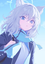 Rule 34 | 1girl, animal ear fluff, animal ears, black jacket, blue archive, blue eyes, blue halo, blue scarf, blue sky, cloud, commentary, cross hair ornament, day, deadnooodles, fringe trim, grey hair, hair between eyes, hair ornament, halo, hand up, highres, jacket, long sleeves, looking at viewer, mismatched pupils, open clothes, open jacket, outdoors, parted lips, revision, scarf, shiroko (blue archive), shirt, sky, solo, symbol-only commentary, upper body, white shirt, wolf ears
