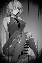 Rule 34 | 1boy, 1girl, bar censor, bare shoulders, breasts, censored, covered erect nipples, dress, erection, fate/grand order, fate (series), greyscale, hair over one eye, hetero, highres, hxd, large breasts, large penis, looking at viewer, mash kyrielight, monochrome, necktie, pantyhose, penis, pov, short hair, sitting, sitting on person, sleeveless, sleeveless dress, smile, thigh sex, thighband pantyhose