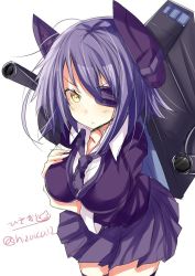 Rule 34 | 10s, 1girl, blush, breasts, eyepatch, female focus, hand on own chest, headgear, highres, hizaka, kantai collection, large breasts, multiple girls, necktie, purple hair, school uniform, short hair, simple background, solo, tenryuu (kancolle), white background, yellow eyes
