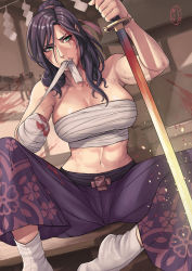 Rule 34 | 1girl, bandages, bandages, bare shoulders, bleeding, blood, blood on face, blood on wall, bloody bandages, blood on clothes, blush, breasts, collarbone, dakushido, scar on face, fingernails, floral print, green eyes, hair between eyes, highres, holding, holding sword, holding weapon, injury, japanese clothes, katana, medium hair, mole, mole on breast, navel, original, pink lips, purple hair, samurai, sarashi, scar, scar across eye, scar on cheek, scar on face, signature, sitting, solo, sweat, sword, teeth, tools, weapon, white footwear