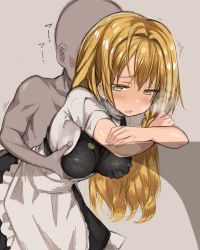 Rule 34 | 1boy, 1girl, apron, blonde hair, blush, grabbing another&#039;s breast, breasts, clothed female nude male, crossed arms, drooling, faceless, faceless male, frilled apron, frills, grabbing, grabbing from behind, grey background, heavy breathing, hetero, kirisame marisa, leaning forward, long hair, medium breasts, motion lines, nude, open mouth, saliva, short sleeves, simple background, touhou, trembling, waist apron, white apron, yellow eyes, zuttokodomo