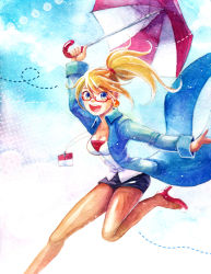 Rule 34 | 1girl, alternate costume, blonde hair, earrings, forecast janna, glasses, high heels, janna (league of legends), jewelry, league of legends, miniskirt, mizoreame, name tag, open mouth, ponytail, skirt, solo, umbrella