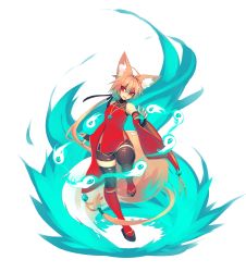 Rule 34 | 1girl, absurdres, animal ear fluff, animal ears, bare shoulders, bell, bike shorts, blonde hair, breasts, detached sleeves, fox ears, fox girl, fox tail, full body, hair between eyes, highres, jewelry, long hair, necklace, open mouth, original, red eyes, simple background, small breasts, solo, sub-res, suzu (sub-res), tail, teeth, thighhighs, tongue, very long hair, white background