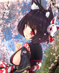 Rule 34 | 1girl, animal ear fluff, animal ears, azur lane, black hair, black kimono, blue sky, blush, breasts, cat ears, cherry blossoms, cloud, day, fang, fingernails, flower, fox mask, hand up, highres, japanese clothes, kimono, large breasts, looking at viewer, looking to the side, maru shion, mask, mask on head, obi, outdoors, parted lips, pink flower, red eyes, sash, short hair, sideboob, sitting, sky, solo, spring (season), thick eyebrows, tree, yamashiro (azur lane)