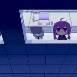 Rule 34 | 1girl, ahoge, alternate costume, black suit, blush stickers, chair, charging device, closed mouth, commentary, computer, formal, from outside, highres, indoors, konohoshi, laptop, long sleeves, looking outside, looking up, mouse (computer), necktie, office, office chair, office lady, purple eyes, purple hair, purple necktie, raised eyebrows, short hair with long locks, solo, suit, swivel chair, symbol-only commentary, vocaloid, voiceroid, wide shot, yuzuki yukari