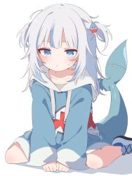 Rule 34 | 1girl, absurdres, animal costume, blue eyes, blue hair, blue hoodie, commentary, english commentary, fins, fish tail, gawr gura, gawr gura (1st costume), grey hair, hair ornament, highres, hololive, hololive english, hood, hoodie, looking at viewer, medium hair, multicolored hair, ryu160303, shark costume, shark girl, shark hair ornament, shark tail, shoes, sneakers, solo, streaked hair, tail, two side up, virtual youtuber, white background, white footwear