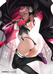 Rule 34 | 1girl, arm belt, armpits, artist name, ass, bandaged arm, bandages, black panties, black thighhighs, breasts, cameltoe, cape, covered erect nipples, dagger, dual wielding, facial scar, fate/apocrypha, fate (series), glowing, glowing eyes, grey hair, hair between eyes, highres, holding, holding dagger, holding knife, holding weapon, house, jack the ripper (fate/apocrypha), knife, looking at viewer, looking back, lowleg, lowleg panties, medium breasts, navel, panties, revealing clothes, scar, scar across eye, scar on cheek, scar on face, shaded face, short hair, shoulder tattoo, sideboob, skindentation, solo, tattoo, thighhighs, thong, underbust, underwear, weapon, yellow eyes, zasshu