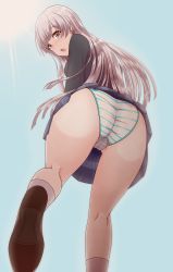 Rule 34 | 1girl, absurdres, ass, black jacket, black skirt, blue sky, blush, brown footwear, commentary request, d4dj, day, foot out of frame, from behind, from below, grey eyes, grey hair, highres, izumo saki, jacket, kneehighs, leg up, long hair, long sleeves, looking at viewer, looking back, looking down, miniskirt, mokocchi (susanootransam), nose blush, open mouth, outdoors, panties, plaid, plaid skirt, school uniform, shoe soles, shoes, sidelocks, skirt, sky, socks, solo, standing, standing on one leg, striped clothes, striped panties, sun, sunlight, trefoil, underwear, upskirt, very long hair, white panties, white socks