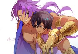 Rule 34 | 2boys, arjuna (fate), armlet, bhima (fate), black eyes, black hair, blue eyes, brothers, closed mouth, commentary request, dark-skinned male, dark skin, fate/grand order, fate (series), gauntlets, grin, hand on another&#039;s shoulder, height difference, jewelry, long hair, looking at another, male focus, multiple boys, purple hair, sakuramochi1003, short hair, siblings, simple background, smile, teeth, twitter username, white background