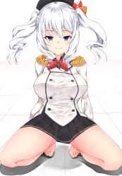 Rule 34 | 1girl, absurdres, arm support, barefoot, beret, black skirt, blue eyes, blush, breasts, buttons, epaulettes, eyes visible through hair, feet, gloves, hair between eyes, hat, highres, jacket, kantai collection, kashima (kancolle), kerchief, large breasts, long hair, looking at viewer, military, military uniform, no legwear, no shoes, pleated skirt, red neckwear, sidelocks, silver hair, siroimo0828, skirt, smile, solo, squatting, toes, twintails, uniform, wavy hair, white gloves, white jacket