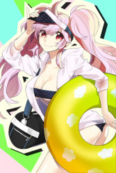 Rule 34 | 1girl, bag, breasts, character cutout, collarbone, duffel bag, holding, innertube, large breasts, long hair, lowres, pink hair, pinky out, polka dot, red eyes, smile, solo, swim ring, sword girls, troly, twintails, visor cap