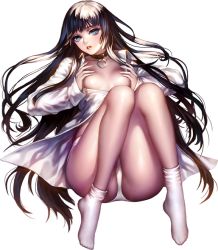 Rule 34 | &#039;o&#039;ne, 1girl, black hair, blue eyes, breasts, choker, convenient censoring, full body, glint, hands on own chest, legs, lips, long hair, long legs, lying, on back, open clothes, open shirt, panties, parted lips, shirt, sidelocks, slit pupils, small breasts, socks, solo, sparkle, transparent background, underwear, unleashed, very long hair, white panties, white socks