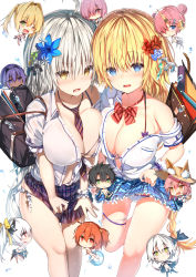 Rule 34 | 1boy, 6+girls, :d, :o, ;d, ahoge, bag, bare arms, bare legs, bare shoulders, barefoot, between breasts, big head, bikini, black bikini, black bow, black hair, blonde hair, blue bikini, blue eyes, blue flower, blue skirt, blush, bow, bowtie, braid, breasts, brown eyes, chibi, cleavage, collarbone, collared shirt, commentary request, criss-cross halter, dark-skinned female, dark skin, diagonal-striped bow, diagonal-striped bowtie, diagonal-striped clothes, diagonal-striped necktie, diagonal-striped neckwear, double bun, dress shirt, fang, fate/apocrypha, fate/grand order, fate/zero, fate (series), flower, frankenstein&#039;s monster (fate), frankenstein&#039;s monster (swimsuit saber) (fate), fujimaru ritsuka (female), fujimaru ritsuka (female) (brilliant summer), fujimaru ritsuka (male), fujimaru ritsuka (male) (brilliant summer), gilles de rais (caster) (fate), green eyes, green male swimwear, green swim trunks, hair between eyes, hair bow, hair bun, hair flower, hair intakes, hair ornament, hair over one eye, halterneck, hassan of serenity (fate), highres, horns, innertube, jack the ripper (fate/apocrypha), jeanne d&#039;arc (fate), jeanne d&#039;arc (ruler) (fate), jeanne d&#039;arc alter (avenger) (fate), jeanne d&#039;arc alter (fate), kiyohime (fate), large breasts, long hair, looking at viewer, male swimwear, mash kyrielight, multiple girls, navel, necktie, necktie between breasts, nero claudius (fate), nero claudius (fate) (all), nero claudius (swimsuit caster) (fate), nose blush, official alternate costume, one eye closed, open clothes, open mouth, open shirt, orange hair, parted lips, pink hair, plaid, plaid skirt, pleated skirt, ponytail, purple eyes, purple hair, purple neckwear, purple skirt, red eyes, red flower, red neckwear, round teeth, school bag, school uniform, see-through, shirt, side bun, silver hair, simple background, single horn, single side bun, skirt, smile, standing, standing on one leg, striped bikini, striped bow, striped bowtie, striped clothes, striped neckwear, sune (mugendai), swim ring, swim trunks, swimsuit, tamamo (fate), tamamo no mae (swimsuit lancer) (fate), teeth, twintails, upper teeth only, very long hair, water drop, white background, white bikini, white flower, white shirt, yellow bow