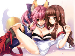 Rule 34 | 10s, 2girls, animal ears, bad id, bad pixiv id, bare shoulders, bottomless, bow, breasts, brown eyes, brown hair, detached sleeves, fate/extra, fate (series), fox ears, fox tail, hair bow, hair ribbon, japanese clothes, kishinami hakuno (female), long hair, miko, multiple girls, open clothes, open shirt, pantyhose, pink hair, ribbon, shirt, tail, tamamo (fate), tamamo no mae (fate/extra), thighhighs, twintails, undressing, yo komizo, yuri
