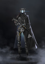 Rule 34 | assault rifle, bad id, bad pixiv id, black background, black cloak, cloak, clothed robot, clothes writing, full body, glowing, gun, highres, holding, holding gun, holding weapon, humanoid robot, no humans, non-humanoid robot, original, rifle, robot, smoke, solo, standing, weapon, weapon request, yurichtofen