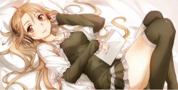 Rule 34 | 10s, 1girl, asuna (sao), bad id, bad yandere id, bed sheet, black thighhighs, blouse, brown eyes, brown hair, bunbun, from above, hand on own chest, hand up, headphones, highres, knees up, legs, long legs, looking at viewer, looking up, lying, on back, shirt, sword art online, thighhighs, thighs