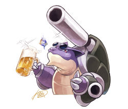 Rule 34 | alcohol, alternate color, beer, beer mug, blastoise, closed mouth, commentary request, creatures (company), cup, foam, game freak, gen 1 pokemon, holding, looking at viewer, mega blastoise, mega pokemon, mug, nintendo, no humans, pokemon, pokemon (creature), red eyes, shiny pokemon, signature, smile, solo, sparkle, sunglasses, thumbs up, warabimoti168, white background