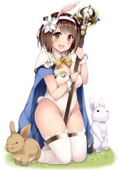 Rule 34 | 1girl, alternate costume, animal, animal ears, blonde hair, blush, breasts, brown eyes, brown hair, cape, cleavage, cosplay, draph, fake animal ears, fake tail, flower, granblue fantasy, grass, hair flower, hair ornament, hairband, highres, holding, holding staff, horns, kneeling, kusano (torisukerabasu), large breasts, leotard, looking at viewer, open mouth, rabbit, rabbit ears, rabbit tail, sage (granblue fantasy), short hair, smile, solo, staff, tail, thighhighs, waifu2x, white background, white thighhighs, wrist cuffs, yaia (granblue fantasy)