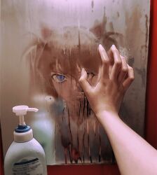 Rule 34 | 1girl, absurdres, bathroom, blue eyes, brown hair, condensation, covered mouth, fingernails, hair ornament, hand over eye, highres, huli xiaobai, long hair, looking at mirror, looking at viewer, mirror, neon genesis evangelion, out of frame, outstretched arm, pov, pov hands, realistic, reflection, school uniform, shampoo bottle, solo, souryuu asuka langley, two side up, wet, window fog