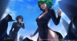 Rule 34 | 2girls, absurdres, aged up, artist name, bad id, bad pixiv id, black dress, black hair, breasts, building, cleavage, covered navel, d-han, dress, flipped hair, fubuki (one-punch man), green eyes, green hair, highres, jewelry, medium breasts, multiple girls, necklace, one-punch man, short hair, siblings, side slit, signature, sisters, tatsumaki, watermark, web address