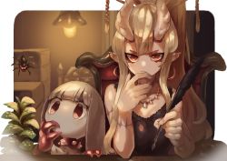 Rule 34 | 2girls, absurdres, blonde hair, bug, ceiling light, chair, closed mouth, collar, earrings, eye (okame nin), fewer digits, finger to own chin, fingernails, frown, hair ornament, hairpin, hand up, highres, holding, holding quill, hoop earrings, horns, iga (okame nin), indoors, jewelry, light bulb, long hair, looking at viewer, multiple girls, necklace, no mouth, okame nin, original, plant, pointy ears, ponytail, potted plant, quill, red eyes, scar, sitting, spider, spiked collar, spiked horns, spikes, surgical scar, tooth necklace, white hair