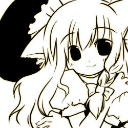 Rule 34 | 1girl, animal ears, bow, braid, cat ears, cat girl, female focus, futami yayoi, hat, kemonomimi mode, kirisame marisa, looking at viewer, monochrome, puffy sleeves, single braid, smile, solo, touhou, upper body, witch hat, yellow theme