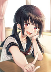 Rule 34 | 1girl, black hair, blurry, blurry foreground, depth of field, desk, fang, head on hand, indoors, long hair, looking at viewer, midorikawa you, open mouth, original, pointing, red eyes, school desk, school uniform, serafuku, skin fang, solo, twintails