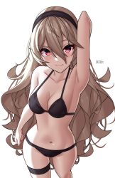 Rule 34 | 1girl, absurdres, artist name, bikini, black bikini, black hairband, blush, breasts, cleavage, collarbone, corrin (female) (fire emblem), corrin (fire emblem), fire emblem, fire emblem fates, grey hair, hair between eyes, hairband, highres, long hair, looking at viewer, medium breasts, navel, nintendo, pointy ears, red eyes, simple background, solo, swimsuit, thighs, white background, x xith x