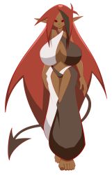 Rule 34 | arza, barefoot, black sclera, breasts, colored sclera, dark skin, demon girl, harem outfit, harem pants, highres, huge breasts, long hair, multicolored hair, pants, pointy ears, red eyes, red hair, s3 studios, simple background, demon girl, tail, white background