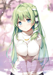 Rule 34 | 1girl, absurdres, blue eyes, blurry, blurry background, blush, breasts, cherry blossoms, covered erect nipples, day, frog hair ornament, green eyes, hair ornament, hair tubes, highres, jewelry, kochiya sanae, long hair, long sleeves, looking at viewer, medium breasts, miyase mahiro, necklace, outdoors, parted lips, ribbed sweater, snake hair ornament, sweater, touhou, tree, turtleneck, upper body, white sweater
