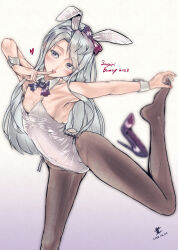 Rule 34 | absurdres, animal ears, breasts, character name, dated, detached collar, finger to mouth, goushougun-sensei, grey hair, highres, kantai collection, leotard, long hair, pantyhose, playboy bunny, purple eyes, rabbit ears, rabbit tail, sagiri (kancolle), shoes, unworn shoes, small breasts, tail, wrist cuffs
