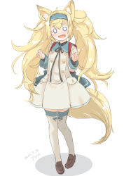 Rule 34 | 0 0, 1girl, animal ears, backpack, bag, blonde hair, commentary request, dated, dress, flying sweatdrops, fox ears, fox tail, full body, fyuo, gambier bay (kancolle), hairband, highres, kantai collection, kemonomimi mode, loafers, long hair, looking at viewer, sailor dress, shoes, signature, simple background, solo, tail, thighhighs, twintails, white background, white thighhighs