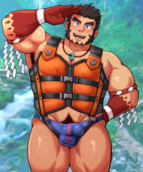 Rule 34 | 1boy, arm hair, armpit hair, armpits, bara, blue male swimwear, blush, bulge, chest hair, colored skin, erection, erection under clothes, feet out of frame, hachimaki, headband, highres, jewelry, large pectorals, leg hair, long sideburns, magatama, magatama necklace, male focus, male pubic hair, male swimwear, mature male, midriff peek, muscular, muscular male, navel, navel hair, necklace, nejiri hachimaki, nipples, official alternate costume, pectoral cleavage, pectorals, pubic hair, pubic hair peek, red skin, salute, short hair, sideburns, sidepec, solo, swim briefs, tajikarao (housamo), thick eyebrows, thick thighs, thighs, tokyo houkago summoners, vert cypres, wet